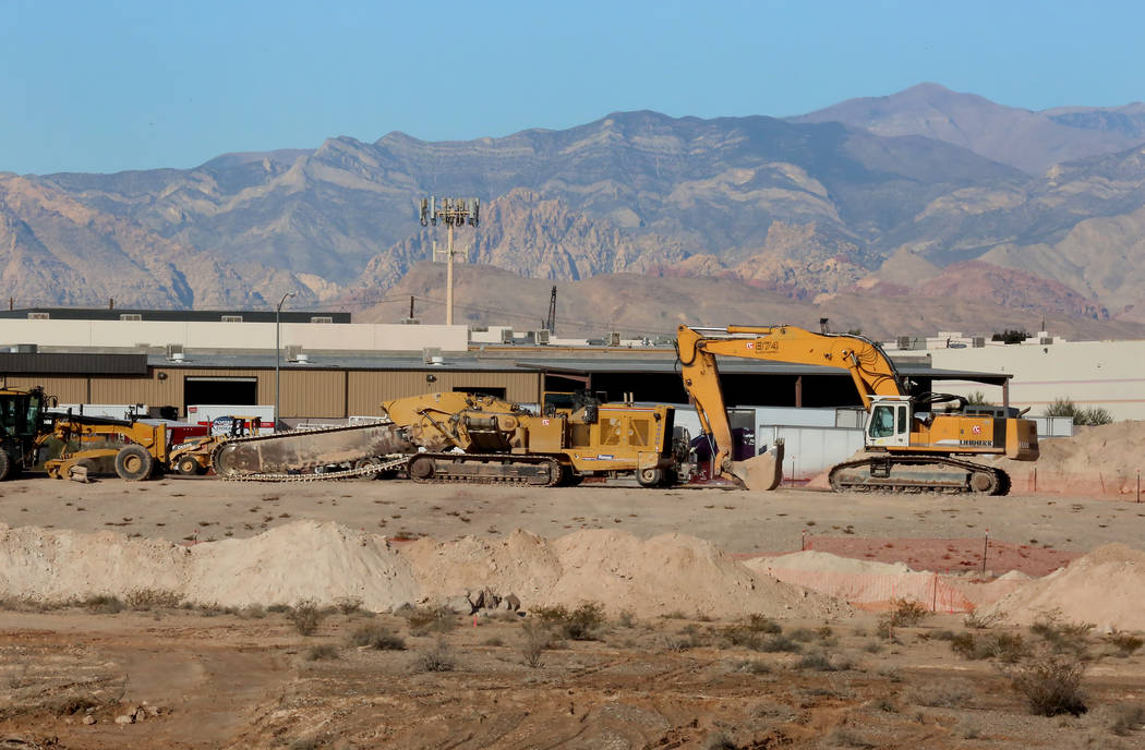 Heavy construction equipments inside the Raiders stadium site, near Hacienda Avenue and Dean Martin Drive on Tuesday, Nov. 7, 2017, in Las Vegas. Bizuayehu Tesfaye/Las Vegas Review-Journal @bizute ...
