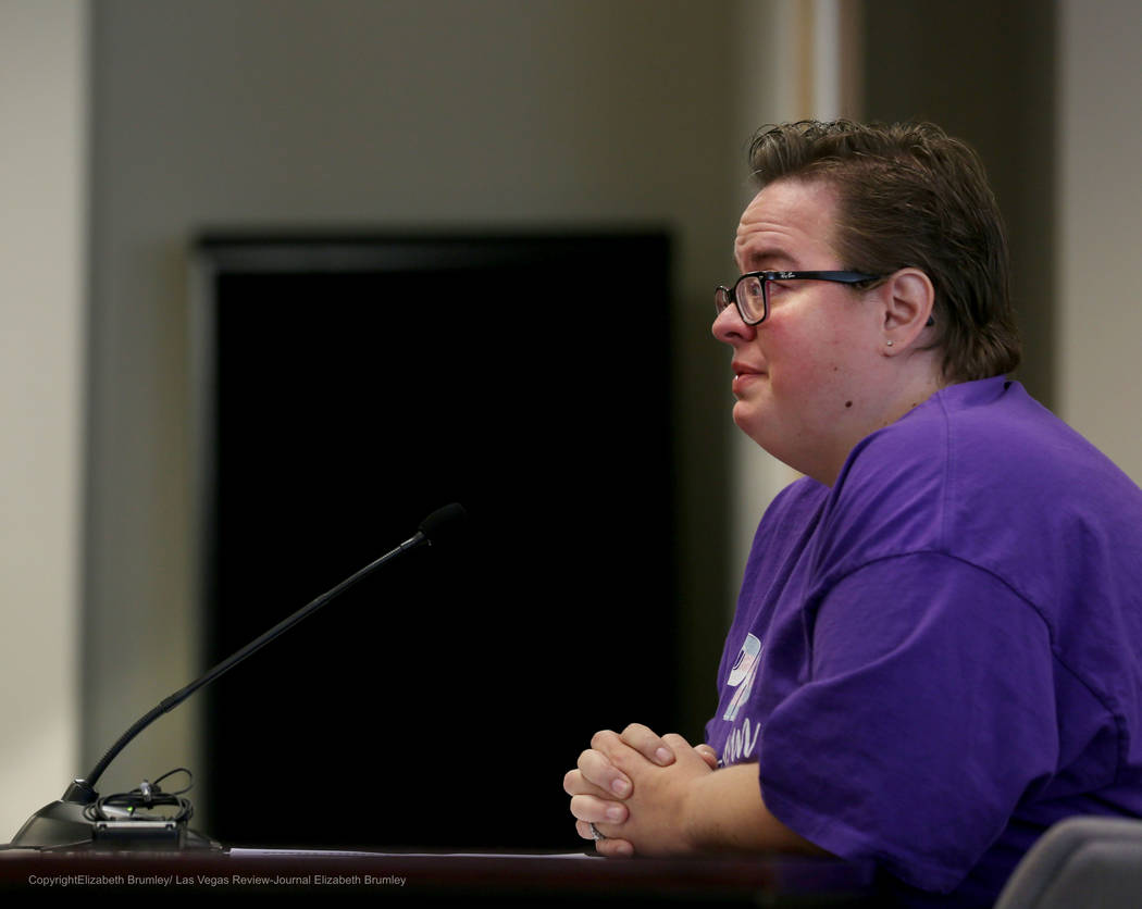 Jennifer Roberson shares her transgender child's story  during a meeting regarding transgender policies for the Clark County School District at  Nevada Department of Education in Las Vegas, Tuesda ...