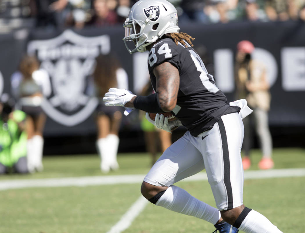 Oakland Raiders wide receiver Cordarrelle Patterson (84) runs out of the end zone on a kickoff return in the first half of their game against the Baltimore Ravens in Oakland, Calif. , Sunday, Oct. ...
