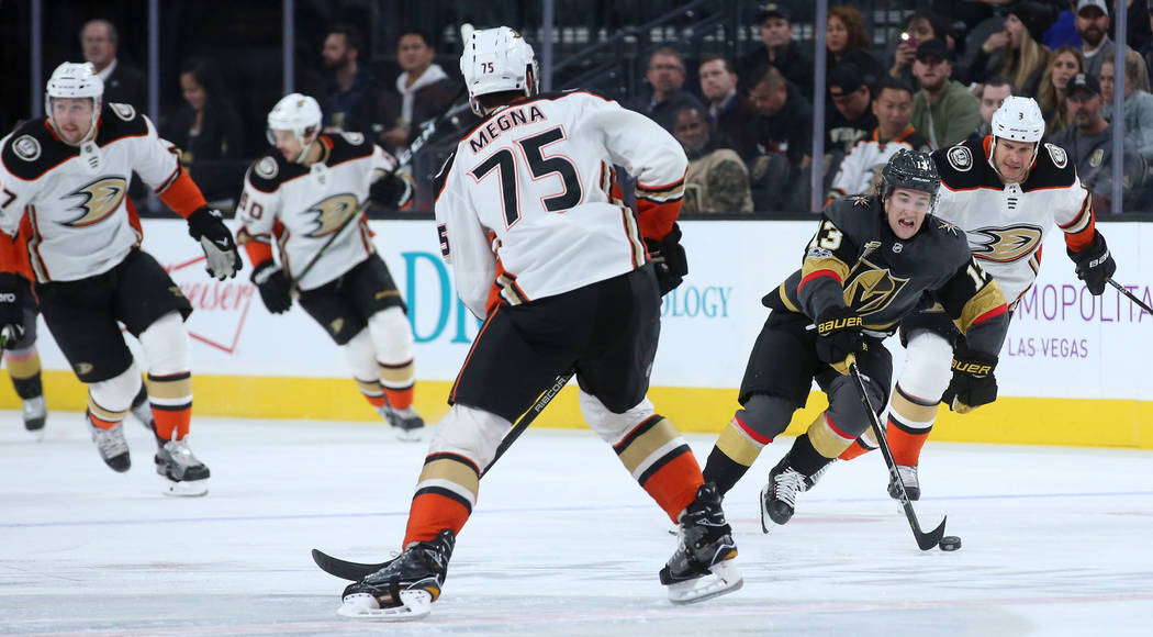 Vegas Golden Knights left wing Brendan Leipsic (13) chases after the pucks during the first period of the game against Anaheim Ducks at T-Mobile Arena in Las Vegas, Tuesday, Dec. 5, 2017. Bridget  ...