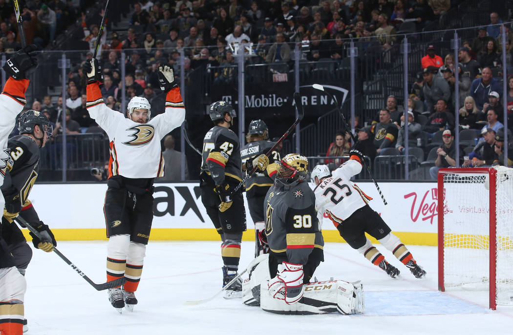 Anaheim Ducks players celebrate after a goal is made on Vegas Golden Knights goalie Malcolm Subban (30) during the second period at T-Mobile Arena in Las Vegas, Tuesday, Dec. 5, 2017. Bridget Benn ...