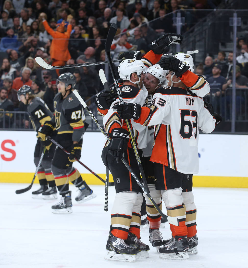 Anaheim Ducks players celebrate after a goal made on Vegas Golden Knights goalie Malcolm Subban (30) during the second period at T-Mobile Arena in Las Vegas, Tuesday, Dec. 5, 2017. Bridget Bennett ...