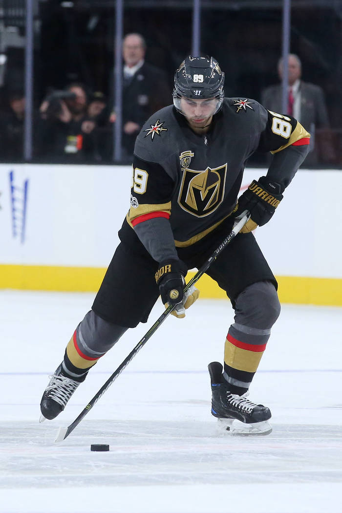 Vegas Golden Knights right wing Alex Tuch (89) brings the puck in for a goal, winning the game, during a shootout against the Anaheim Ducks at T-Mobile Arena in Las Vegas, Tuesday, Dec. 5, 2017. B ...