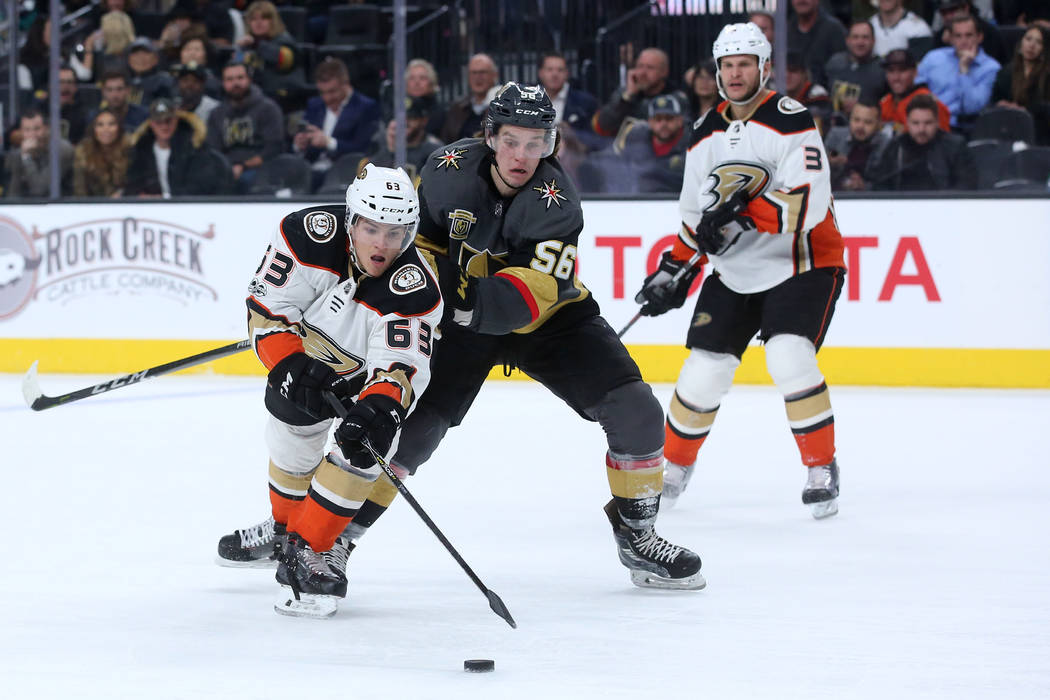Anaheim Ducks left wing Kevin Roy (63) and Vegas Golden Knights left wing Erik Haula (56) chase after the puck during the third period at T-Mobile Arena in Las Vegas, Tuesday, Dec. 5, 2017. Bridge ...