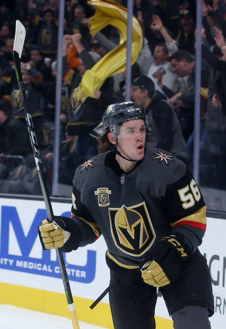 Vegas Golden Knights left wing Erik Haula (56) celebrates after a goal that tied the game against Anaheim Ducks during the third period at T-Mobile Arena in Las Vegas, Tuesday, Dec. 5, 2017. Bridg ...