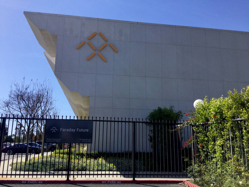 The entrance to Faraday Future's main facility in Gardena, Calif. is seen Thursday, March 23, 2017. (Nicole Raz/Las Vegas Review-Journal)