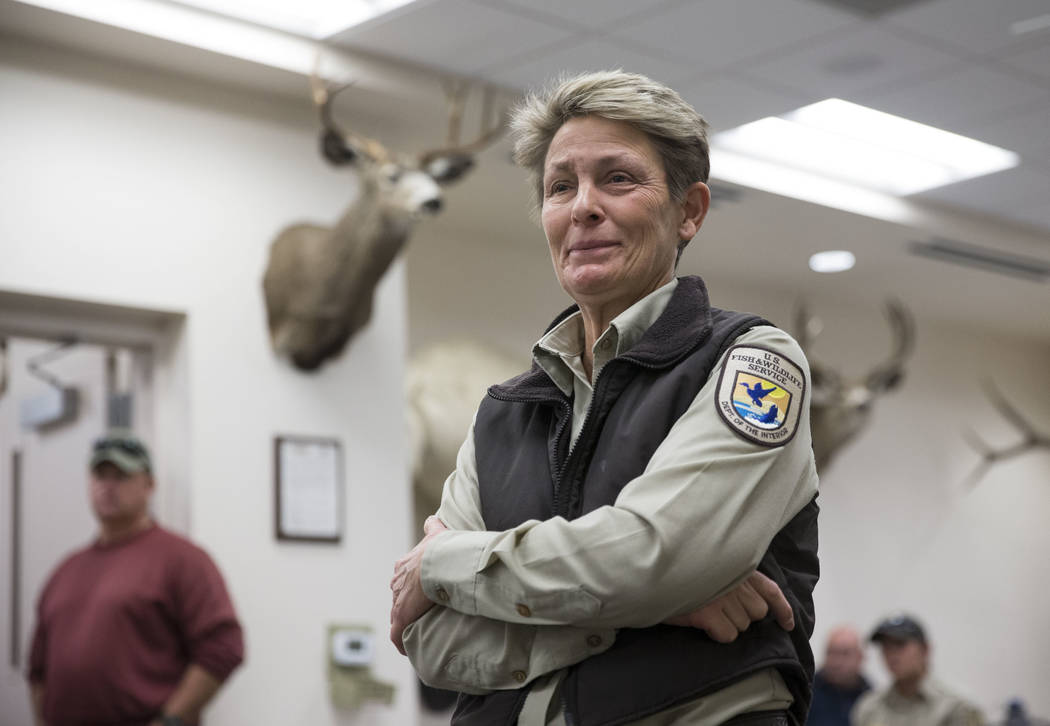 U.S. Fish & Wildlife Service refuge manager Amy Sprunger during an orientation at the Clark County Shooting Complex for hunters randomly picked for the annual bighorn sheep hunt inside the Nev ...
