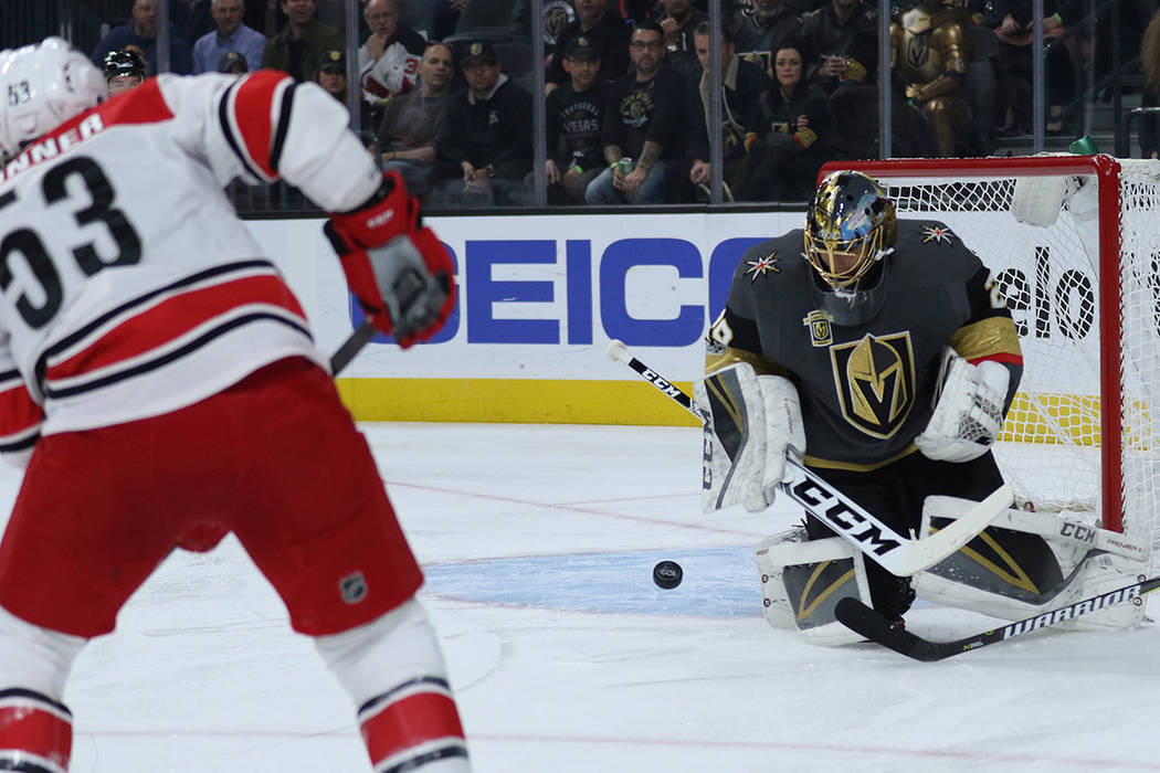 Vegas Golden Knights goalie Marc-Andre Fleury (29) makes a save during the first period of a NHL game against the Carolina Hurricanes in Las Vegas, Tuesday, Dec. 12, 2017. Heidi Fang Las Vegas Rev ...