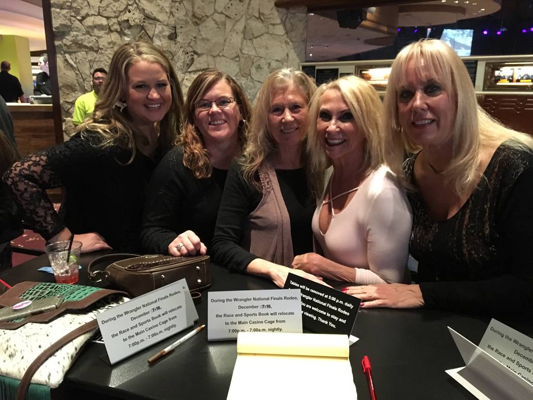From left, Abby Namken, Amber Funk, Joan Botter, Joanne Hoffman and Sally Thompson got their rodeo on Tuesday night at the viewing party/concert at The Mirage sportsbook. Patrick Everson/Special t ...