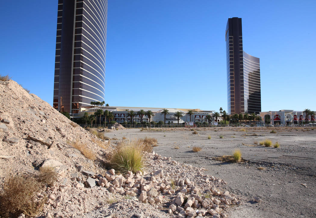 A vacant lot across from Wynn hotel-casino photographed on Thursday, Dec. 14, 2017, in Las Vegas. Wynn Resorts will purchase approximately 38 acres of the land including the 34 acre site of the fo ...