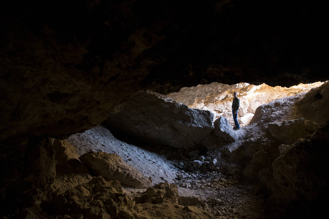 Archaeologist Justin DeMaio during a tour of the Gypsum Cave in Las Vegas, Tuesday, Dec. 19, 2017. (Erik Verduzco/Las Vegas Review-Journal)