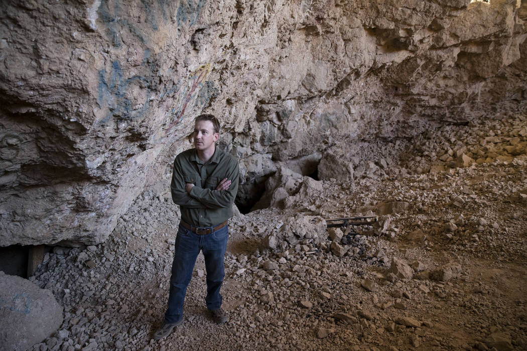 Archaeologist Justin DeMaio during a tour of the Gypsum Cave in Las Vegas, Tuesday, Dec. 19, 2017. (Erik Verduzco/Las Vegas Review-Journal)