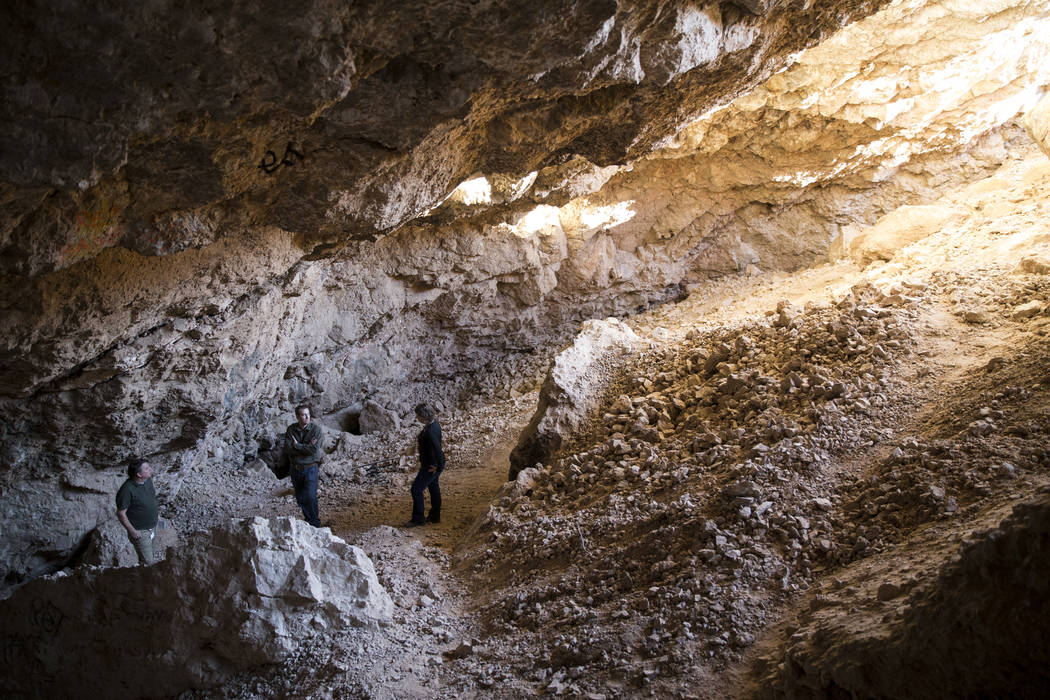 Archaeologist Justin DeMaio, center, during a tour of the Gypsum Cave in Las Vegas, Tuesday, Dec. 19, 2017. (Erik Verduzco/Las Vegas Review-Journal)