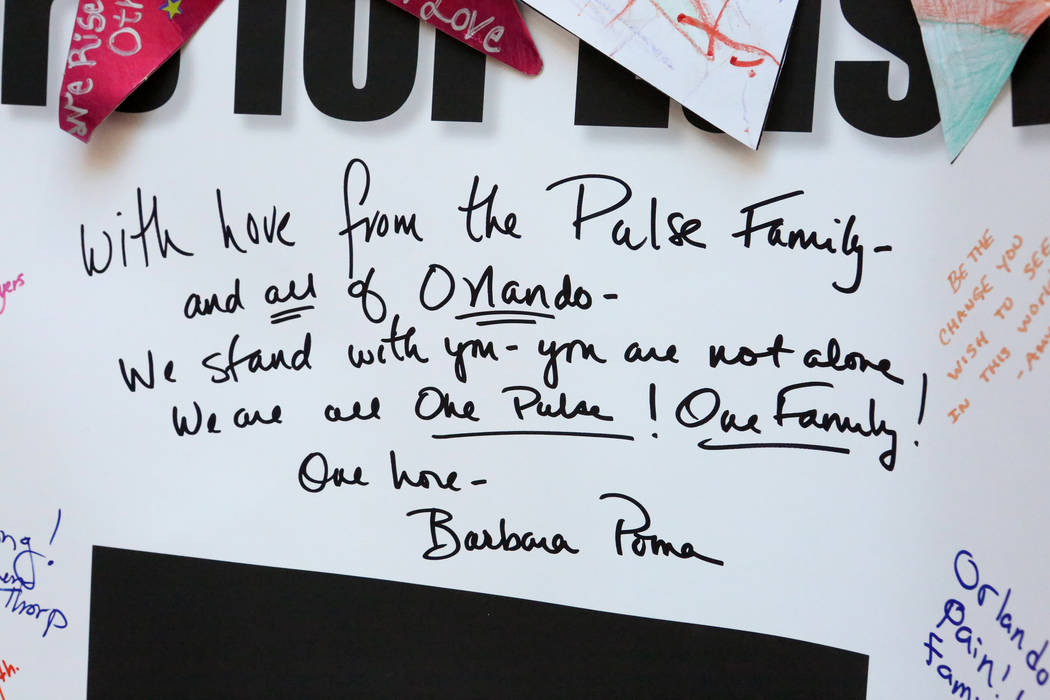 A hand-written note from Barbara Poma, owner of the Pulse Nightclub in Orlando, graces the panel that was sent to Las Vegas after the Oct. 1 shootings and which is now part of the Hearts for Vegas ...