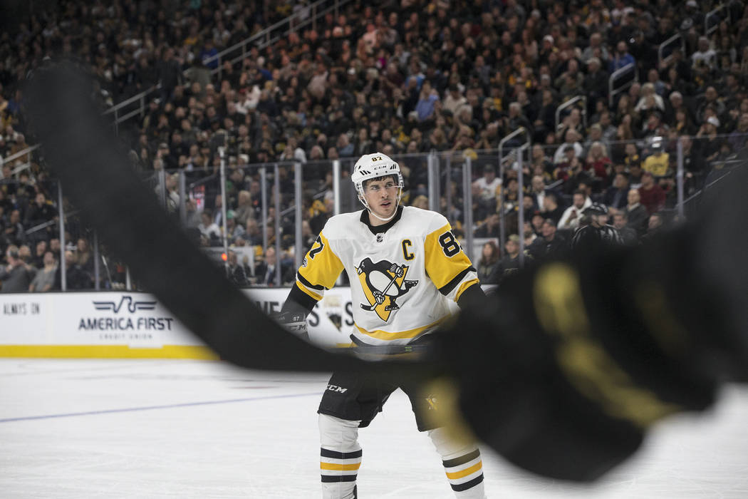 Penguins center Sidney Crosby (87) gets ready for a face off in the second period of Pittsburgh's road matchup with Vegas on Thursday, Dec. 14, 2017, at T-Mobile Arena. The Golden Knights defeated ...