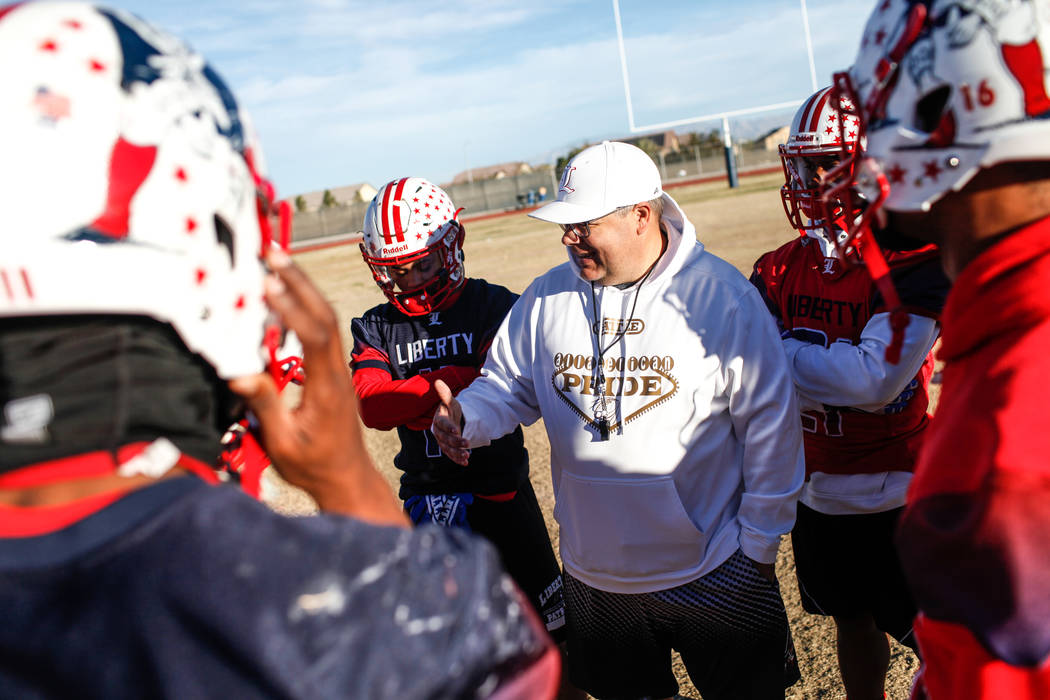 Liberty Patriots head coach Rich Muraco, center, speaks to his special teams squad during a football practice at Liberty High School in Henderson, Thursday, Nov. 23, 2017. Joel Angel Juarez Las Ve ...