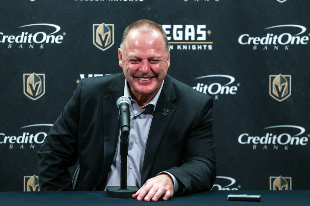 Vegas Golden Knights head coach Gerard Gallant answers questions after defeating the San Jose Sharks 5-4 in a hockey game at T-Mobile Arena in Las Vegas, Friday, Nov. 24, 2017. Joel Angel Juarez L ...