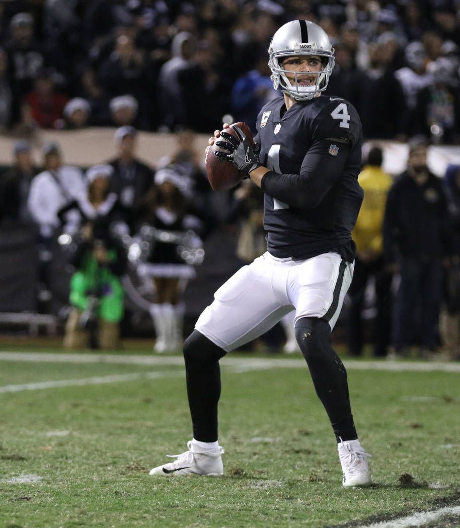 Oakland Raiders quarterback Derek Carr (4) drops back to pass during the first half of a NFL game against the Dallas Cowboys in Oakland, Calif., Sunday, Dec. 17, 2017. Heidi Fang Las Vegas Review- ...