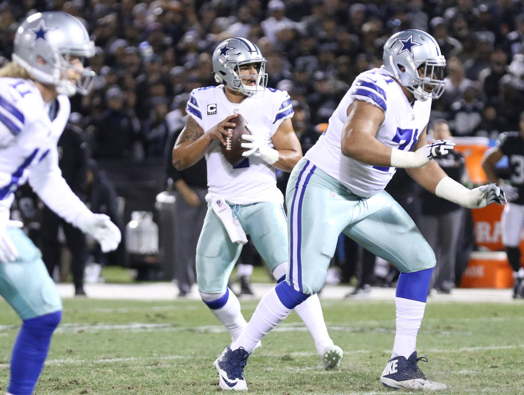 Dallas Cowboys quarterback Dak Prescott (4) drops back to pass against the Oakland Raiders during the first half of a NFL game in Oakland, Calif., Sunday, Dec. 17, 2017. Heidi Fang Las Vegas Revie ...