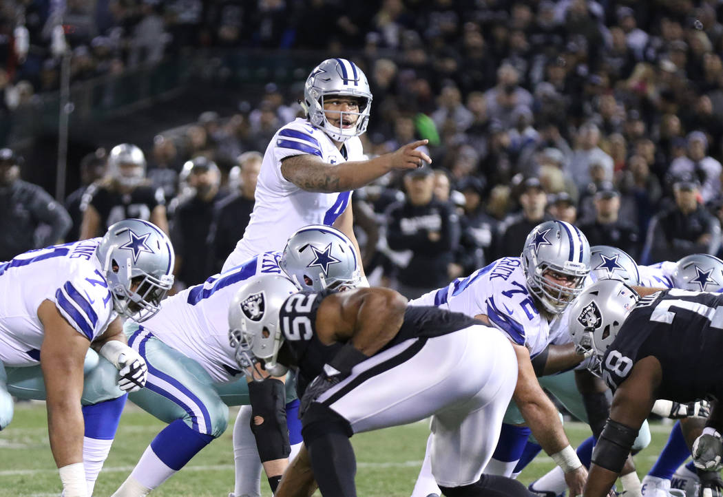 Dallas Cowboys quarterback Dak Prescott (4) calls an audible at the line of scrimmage during the first half of a NFL game against the Oakland Raiders in Oakland, Calif., Sunday, Dec. 17, 2017. Hei ...
