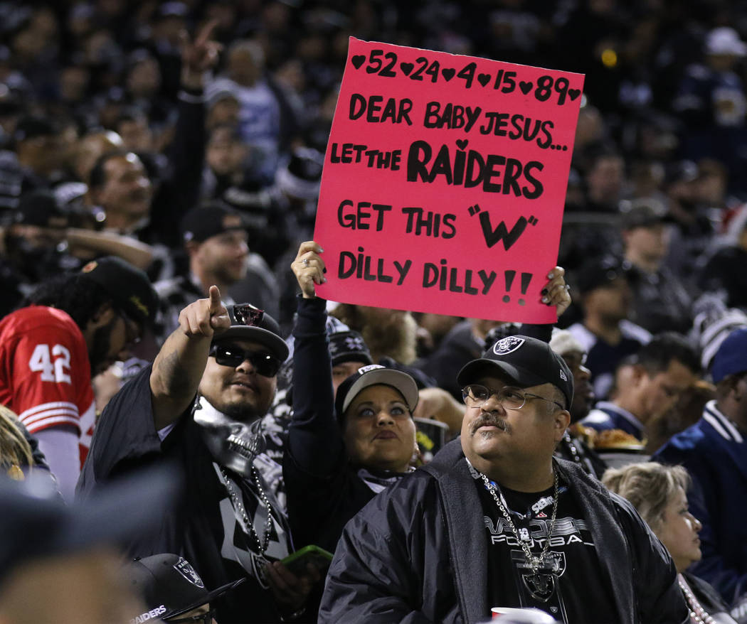 Oakland Raiders fans hold up a sign during the first half of a NFL game against the Dallas Cowboys in Oakland, Calif., Sunday, Dec. 17, 2017. Heidi Fang Las Vegas Review-Journal @HeidiFang