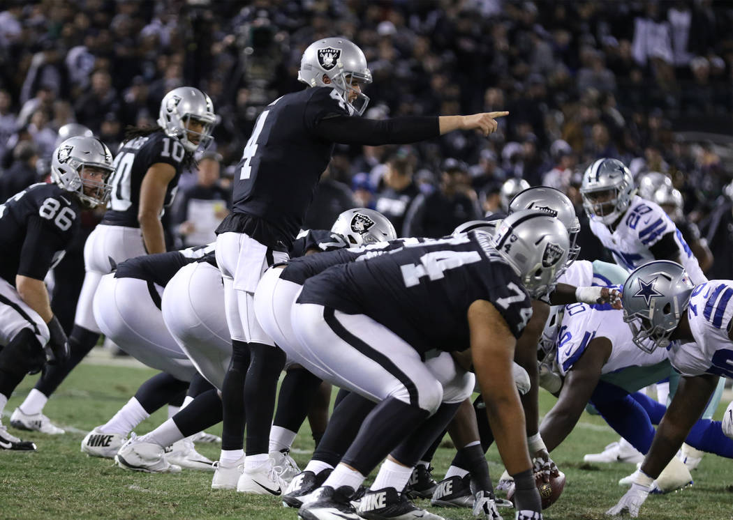 Oakland Raiders quarterback Derek Carr (4) calls a play at the line of scrimmage during the first half of a NFL game against the Dallas Cowboys in Oakland, Calif., Sunday, Dec. 17, 2017. Heidi Fan ...