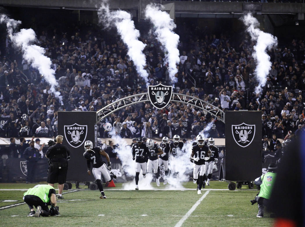 The Oakland Raiders are introduced ahead of their game against the Dallas Cowboys in Oakland, Calif., Sunday, Dec. 17, 2017. Heidi Fang Las Vegas Review-Journal @HeidiFang