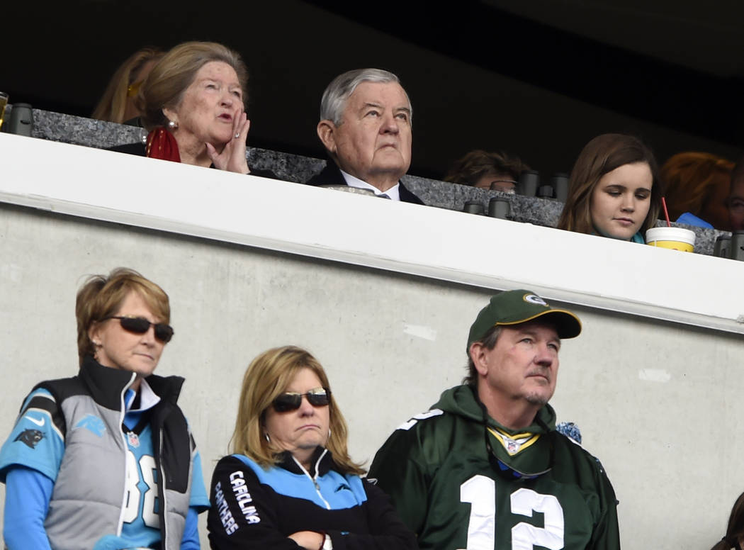 Carolina Panthers owner Jerry Richardson, top center, watches during the first half of an NFL football game between the Carolina Panthers and the Green Bay Packers in Charlotte, N.C., Sunday, Dec. ...