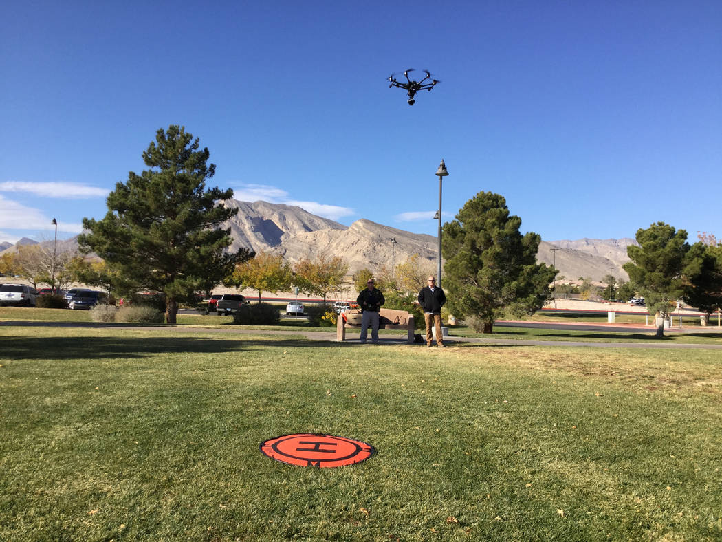 The Metropolitan Police Department purchased five drones from Yuneec. A Metro officer pilots the Yuneec drone used for training purposes in Las Vegas, Wednesday, Dec. 20, 2017. Nicole Raz/Las Vega ...