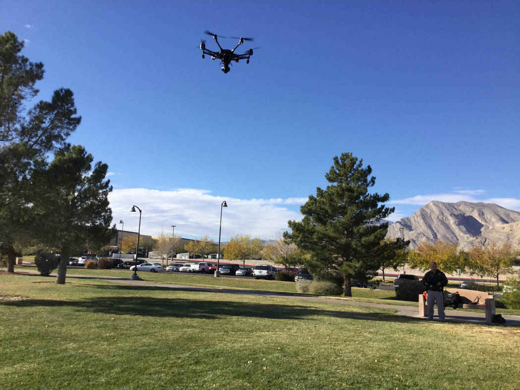 The Metropolitan Police Department purchased five drones from Yuneec. A Metro officer pilots the Yuneec drone used for training purposes in Las Vegas, Wednesday, Dec. 20, 2017. Nicole Raz/Las Vega ...