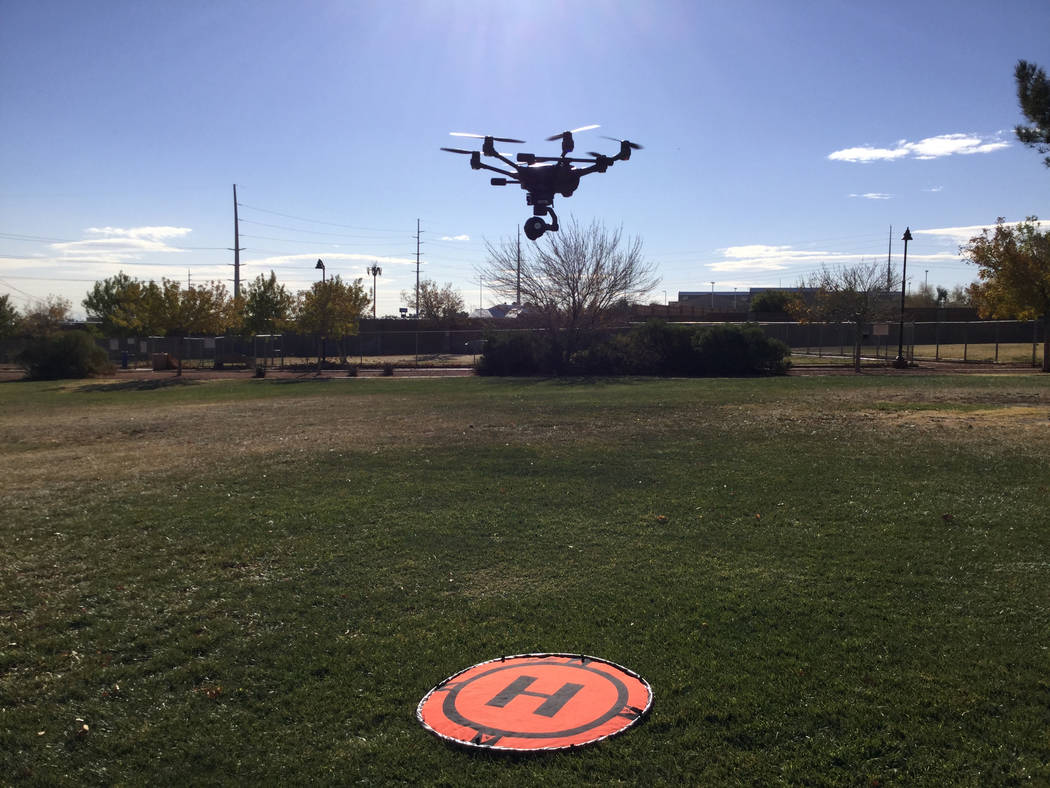 The Metropolitan Police Department purchased five drones from Yuneec. A Metro officer pilots the Yuneec drone used for training purposes in Las Vegas, Wednesday, Dec. 20, 2017. Nicole Raz/Las Vega ...