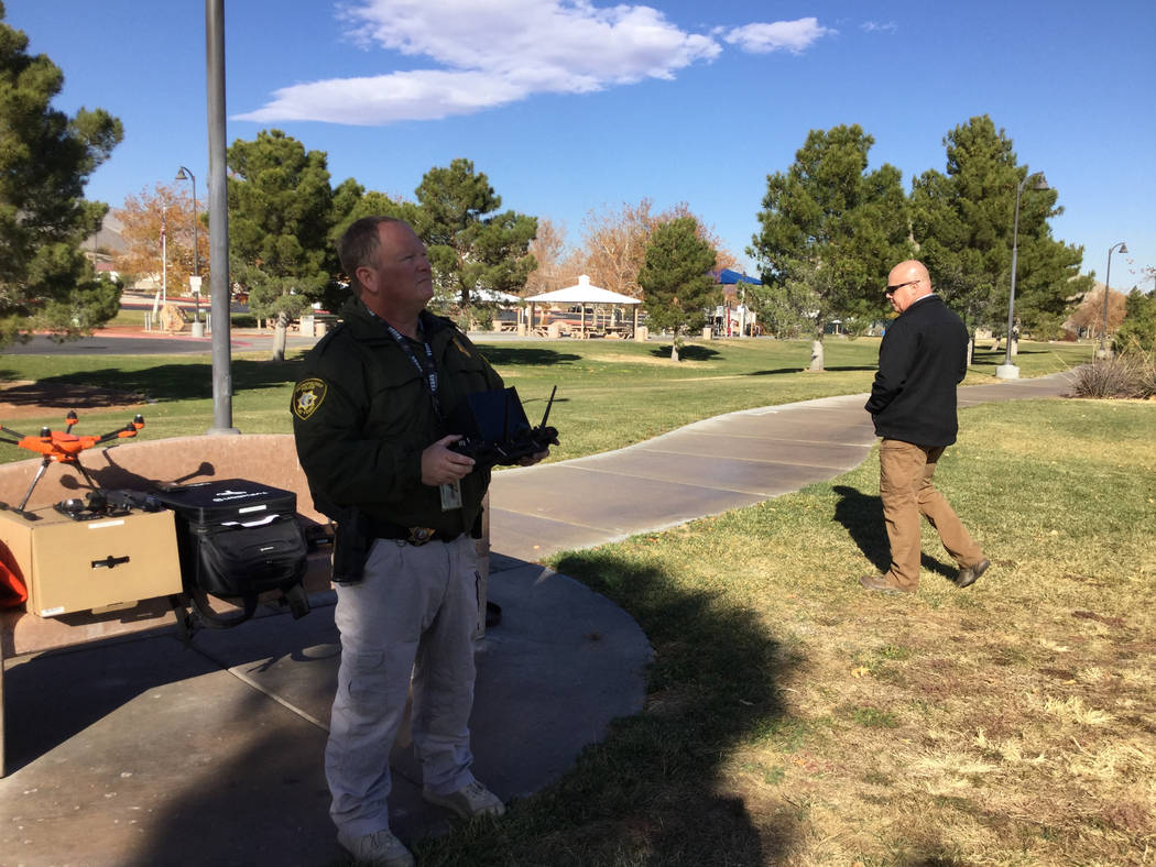 Metropolitan Police Department officer David Martel pilots a a drone in Las Vegas, Wednesday, Dec. 20, 2017. Metro purchased five drones from drone manufacturer Yuneec that arrived in late Septemb ...