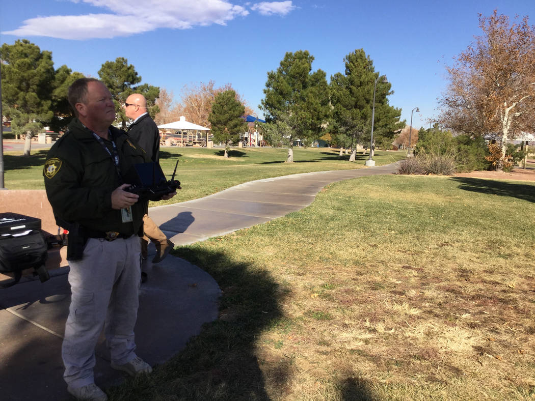 Metropolitan Police Department officer David Martel pilots a a drone in Las Vegas, Wednesday, Dec. 20, 2017. Metro purchased five drones from drone manufacturer Yuneec that arrived in late Septemb ...