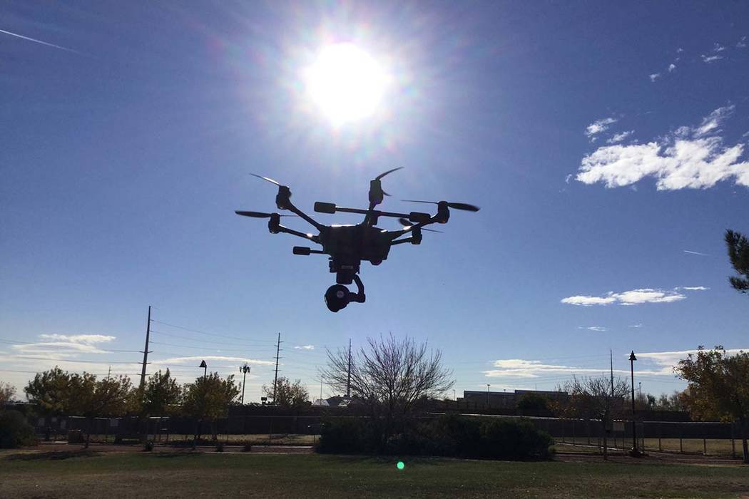 The Metropolitan Police Department purchased five drones from Yuneec. A Metro officer pilots the Yuneec drone used for training purposes in Las Vegas, Wednesday, Dec. 20, 2017. Nicole Raz/Las Vega ...