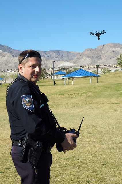 Nevada Highway Patrol Trooper Daniel Marek controls a Yuneec Typhoon H unmanned aerial vehicle during a news conference at Lone Mountain Regional Park in Las Vegas, Friday, Oct. 21, 2016. Jerry He ...