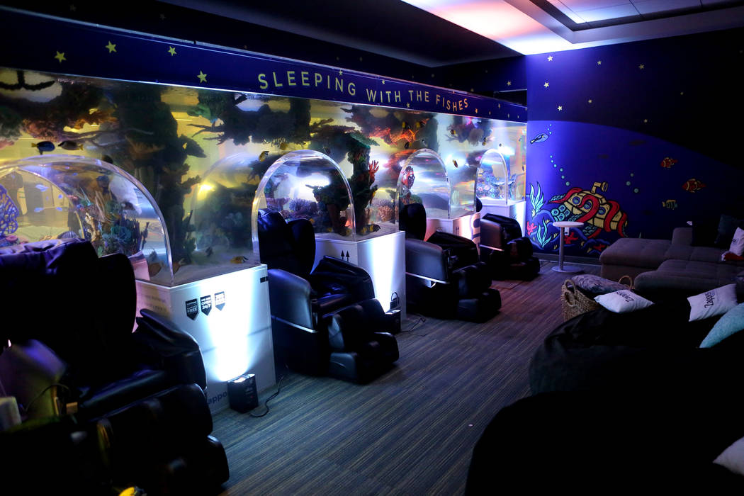 The new Zappos nap room at the Las Vegas campus features couches, pillow chairs and massage recliners that are recessed into a wall sized aquarium on Thursday, Dec. 21, 2017. Michael Quine/Las Veg ...
