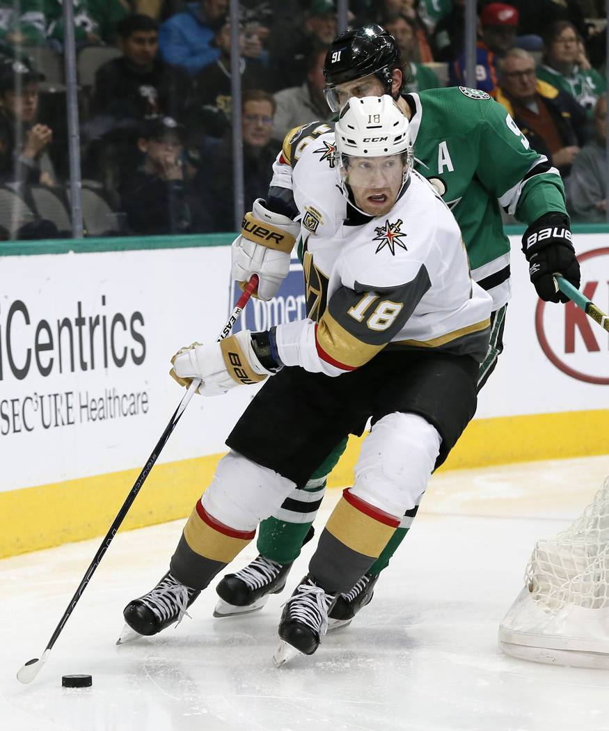 Vegas Golden Knights left wing James Neal (18) handles the puck as Dallas Stars center Tyler Seguin gives chase during the second period of an NHL hockey game, Saturday, Dec. 9, 2017, in Dallas .  ...