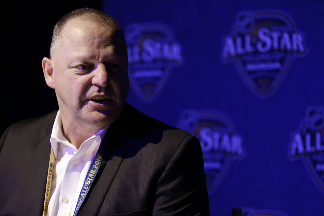 Florida Panthers head coach Gerard Gallant talks with reporters during NHL hockey All-Star game media day Friday, Jan. 29, 2016, in Nashville, Tenn. The game is scheduled to be played Sunday, Jan. ...