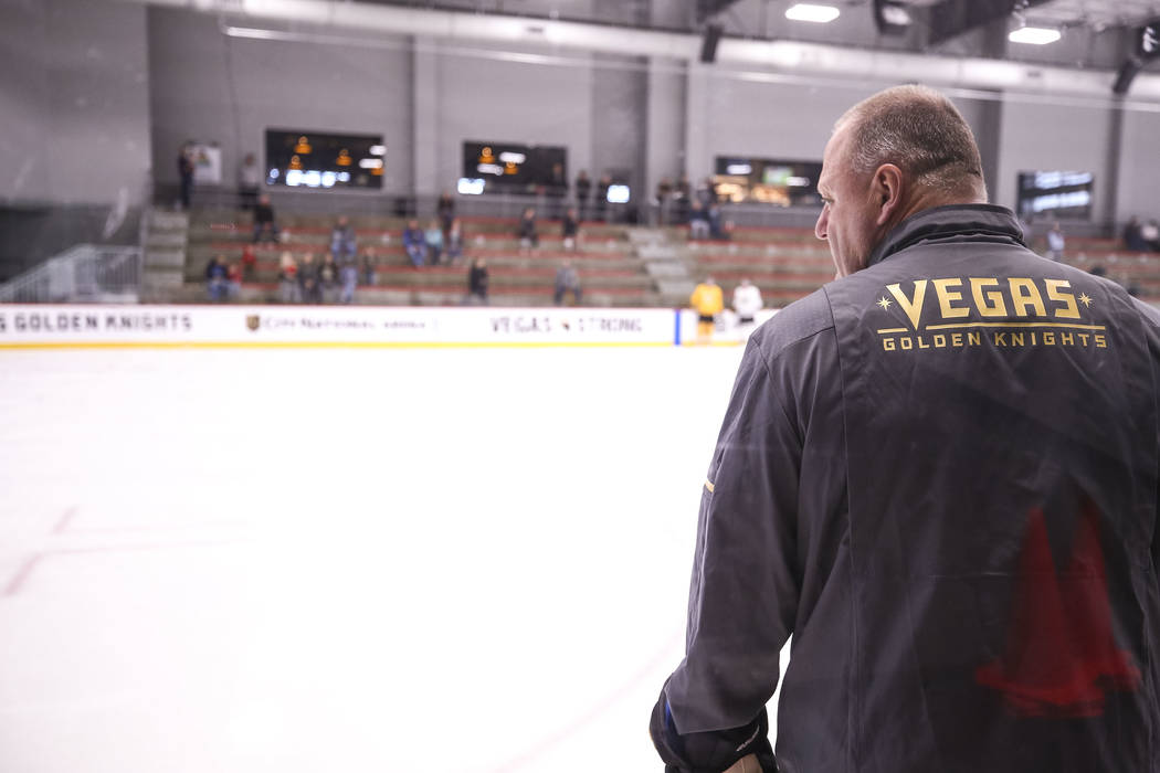 Vegas Golden Knights coach Gerard Gallant watches his players during the NHL team's practice at the City National Arena in Las Vegas, Wednesday, Dec. 6, 2017. Richard Brian Las Vegas Review-Journa ...