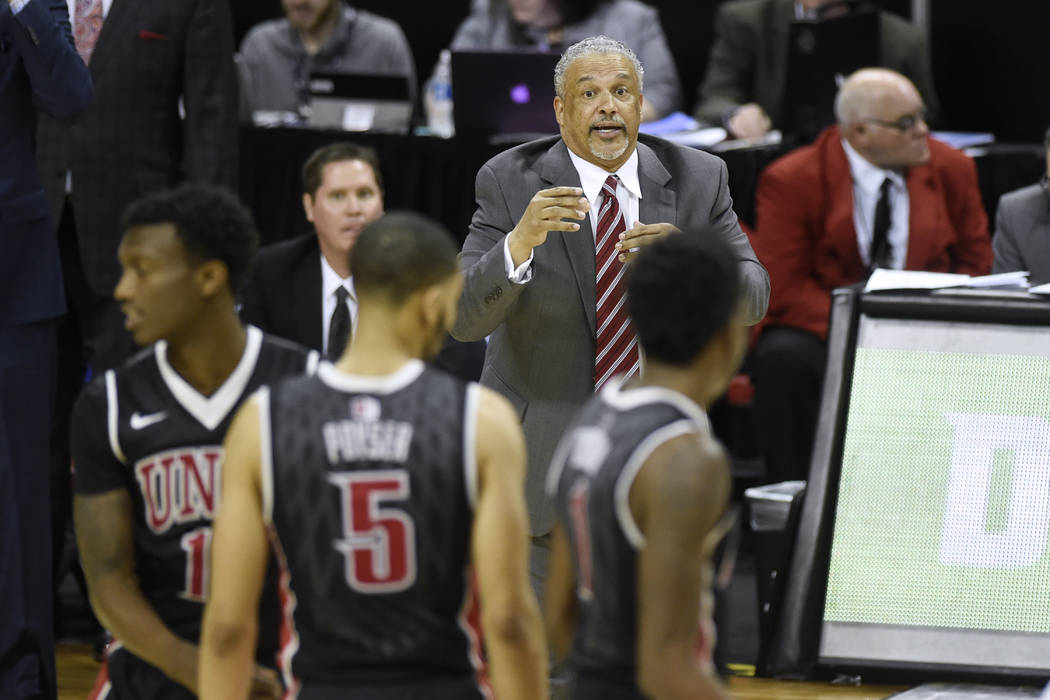 UNLV head coach Marvin Menzies talks to his team during their Mountain West Conference tournament game against San Diego State Wednesday, March 8, 2017, at the Thomas & Mack Center. San Diego ...