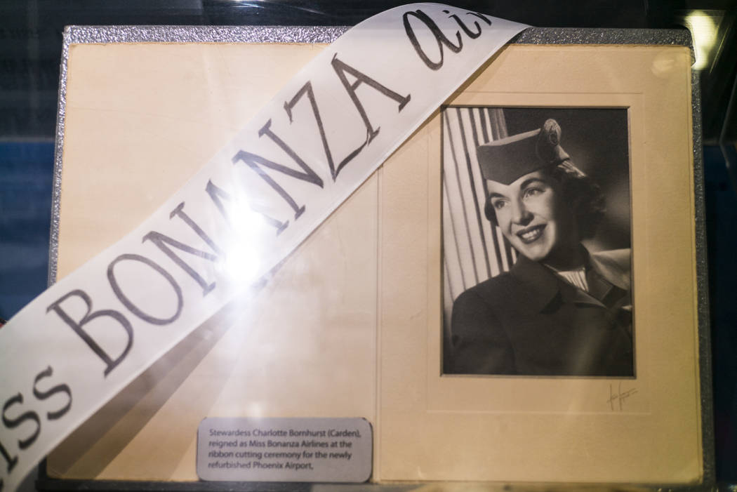 A display showing Stewardess Charlotte Bornhurst, who was Miss Bonanza Air, at the Howard W. Cannon Aviation Museum in McCarran International Airport in Las Vegas on Tuesday, Dec. 26, 2017. Chase  ...