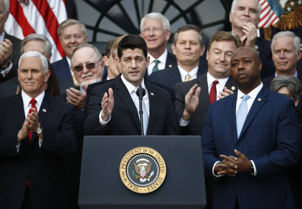 House Speaker Paul Ryan of Wis., speaks during a bill passage event on the South Lawn of the White House in Washington, Wednesday, Dec. 20, 2017, to acknowledge the final passage of tax cut legisl ...