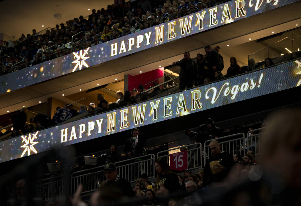 Signs wish fans a happy new year during the NHL hockey game between the Toronto Maple Leafs and the Vegas Golden Knights at T-Mobile Arena in Las Vegas on Sunday, December 31, 2017. Daniel Clark/L ...