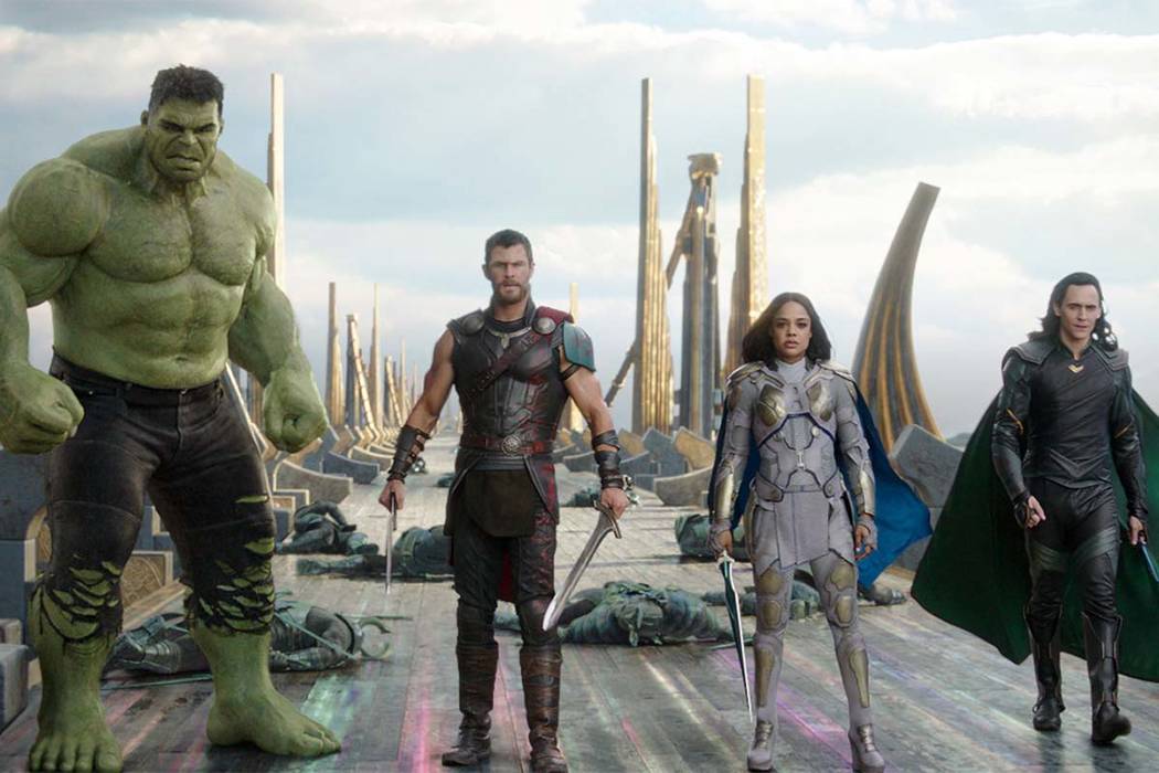 This image released by Marvel Studios shows the Hulk, from left, Chris Hemsworth as Thor, Tessa Thompson as Valkyrie and Tom Hiddleston as Loki in a scene from, "Thor: Ragnarok." ...