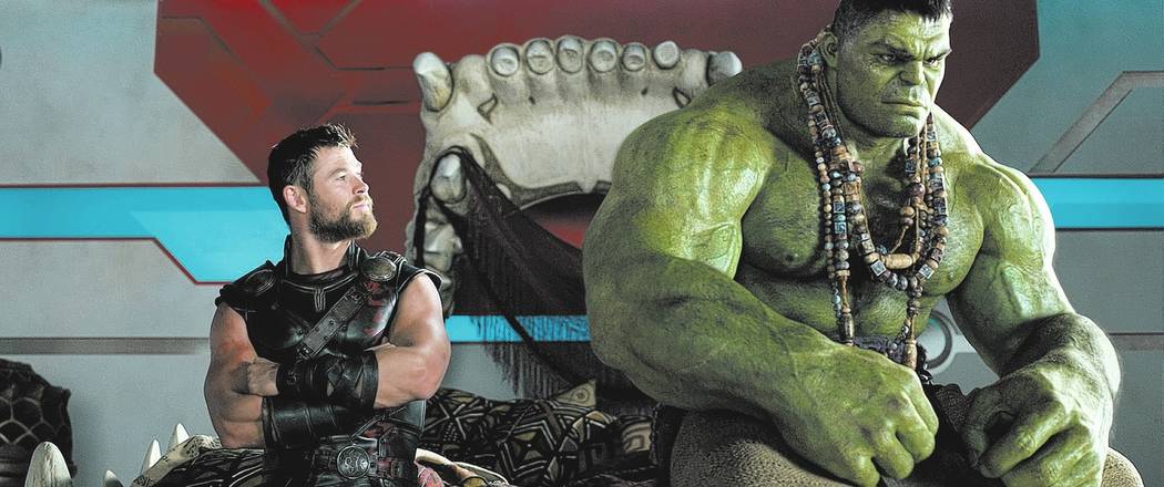 This image released by Marvel Studios shows Chris Hemsworth, left, and the Hulk in a scene from, "Thor: Ragnarok." (Marvel Studios via AP)
