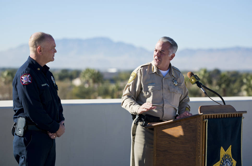Clark County Sheriff Joe Lombardo, right, and Clark County Fire Chief Greg Cassell talk about New Year's Eve security during a news conference at Metropolitan Police Department Headquarters in Las ...