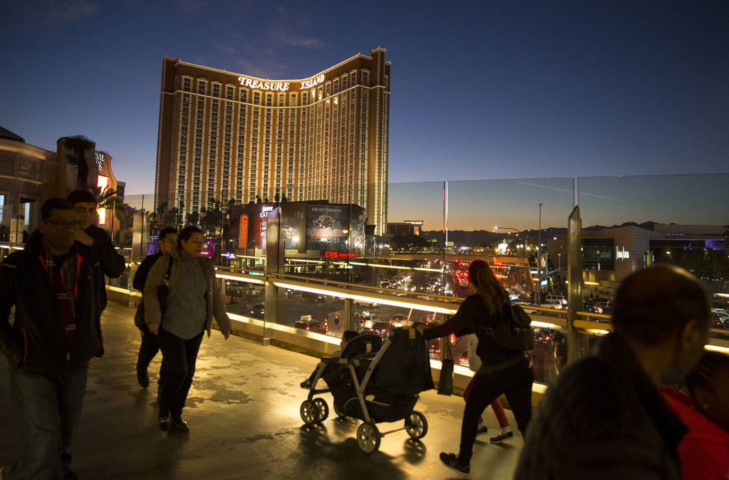 People walk over a pedestrian bridge connecting the Wynn Las Vegas to the Palazzo on the Strip on Tuesday, Dec. 26, 2017. Richard Brian Las Vegas Review-Journal @vegasphotograph