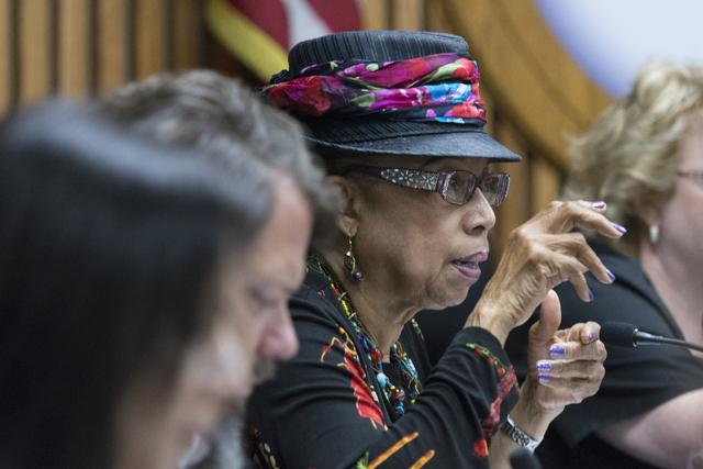 Clark County School Board President Linda Young, center, speaks to Superintendent of Public Instruction for the Nevada Department of Education Steve Canavero during a CCSD Board of Trustees meetin ...