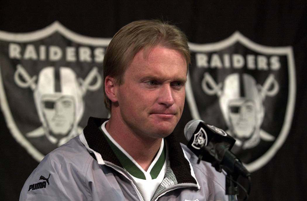 Oakland Raiders' coach Jon Gruden keeps a stiff upper lip during a media conference Monday, Jan. 8, 2001, at Raider headquarters in Alameda, Calif. Gruden's Raiders will face the Baltimore Ravens  ...