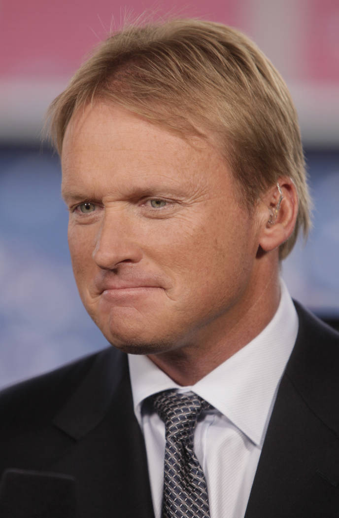 FILE - This Sept. 14, 2009 file photo shows ESPN Monday Night Football broadcaster Jon Gruden before an NFL football game in Foxborough, Mass. Gruden says he hasn't received an offer to coach the ...